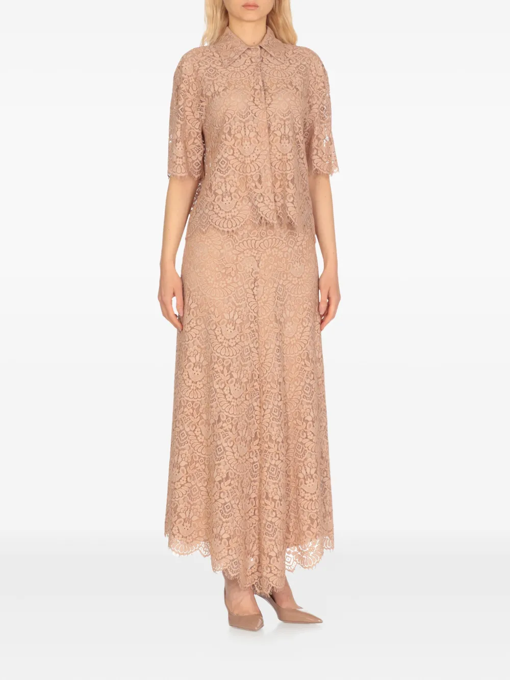 D.Exterior lace-pattern short-sleeved shirt - Roze