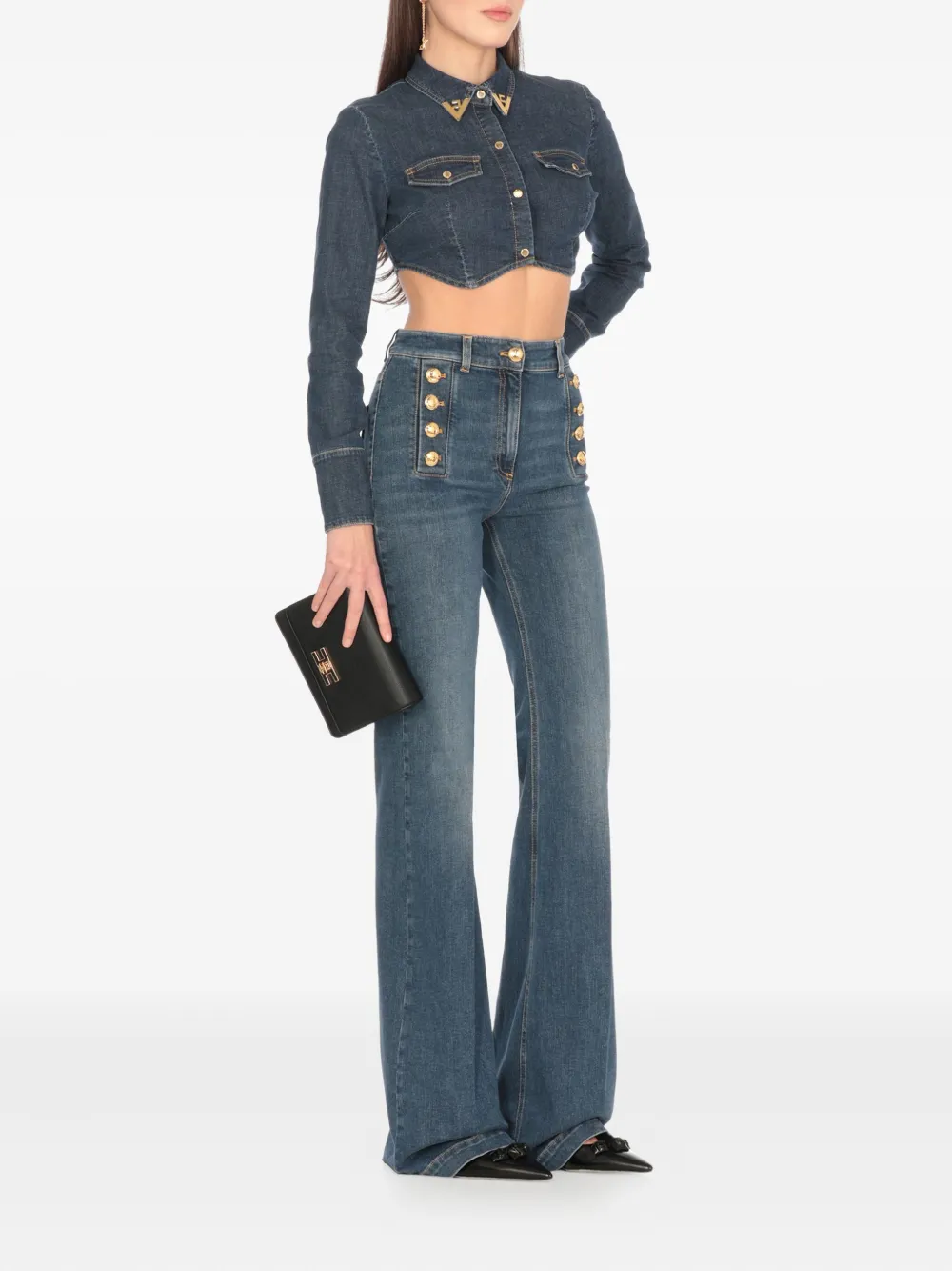 Elisabetta Franchi cropped gold-collar denim top - Blauw