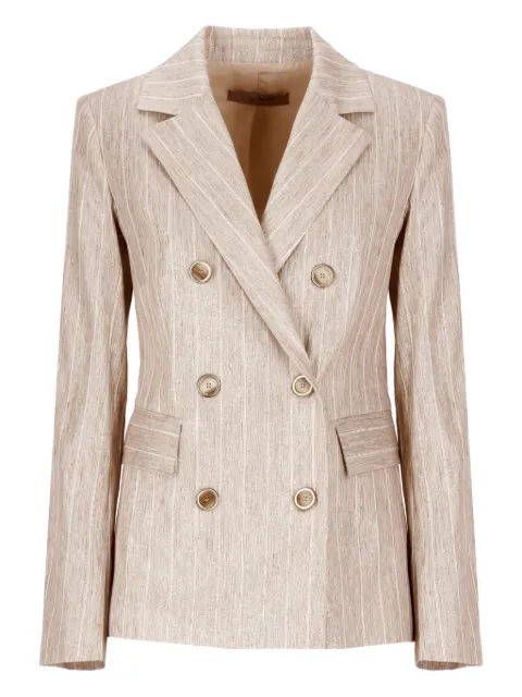 D.Exterior pinstripe-print double-breasted blazer