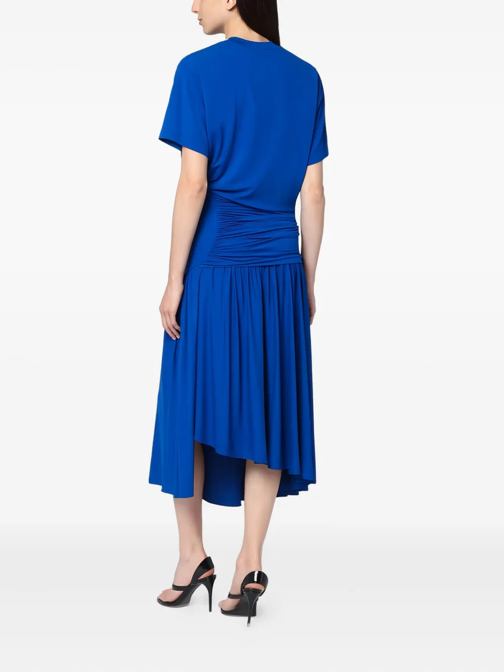 Ferragamo Gathered-waist Asymmetric Day Dress In Blue