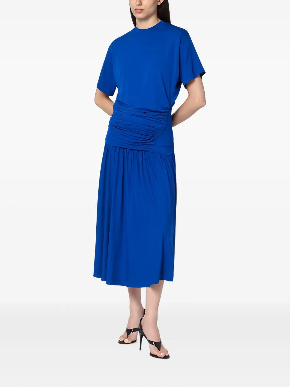Ferragamo Gathered-waist Asymmetric Day Dress In Blue