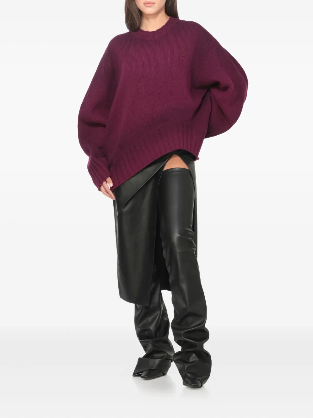 Attico Wool Crewneck Sweater With Asymmetric Flared Hem In Purple