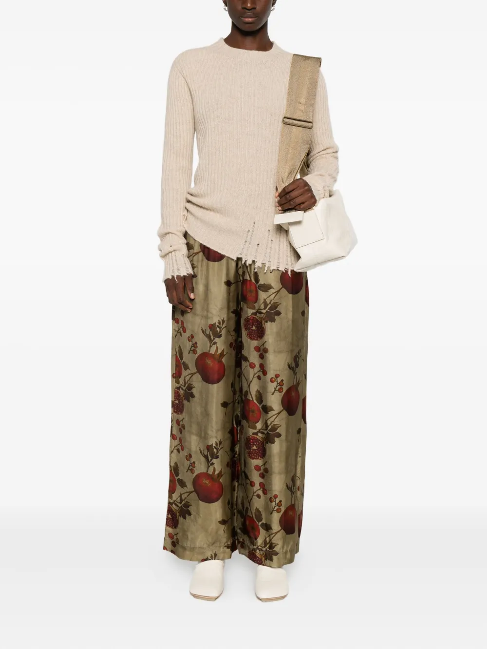 Uma Wang ribbed frayed-trims sweater Beige