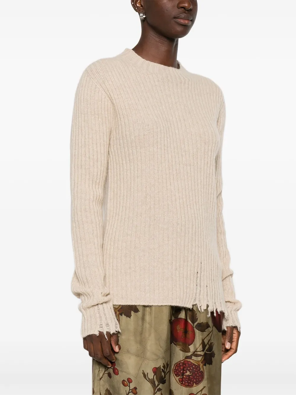 Uma Wang ribbed frayed-trims sweater Beige