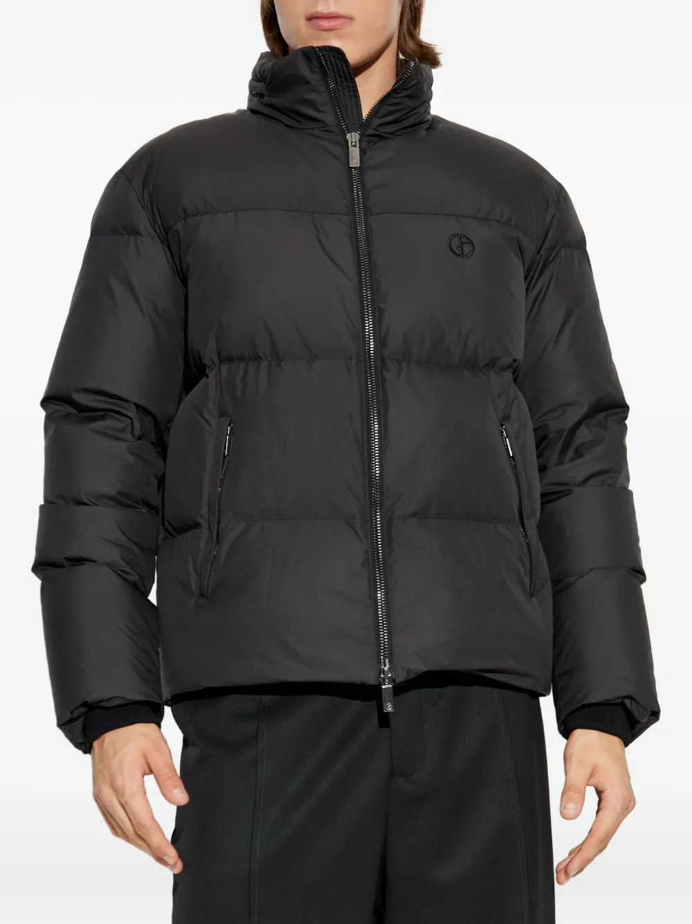 Giorgio Armani logo-embroidered quilted jacket Zwart