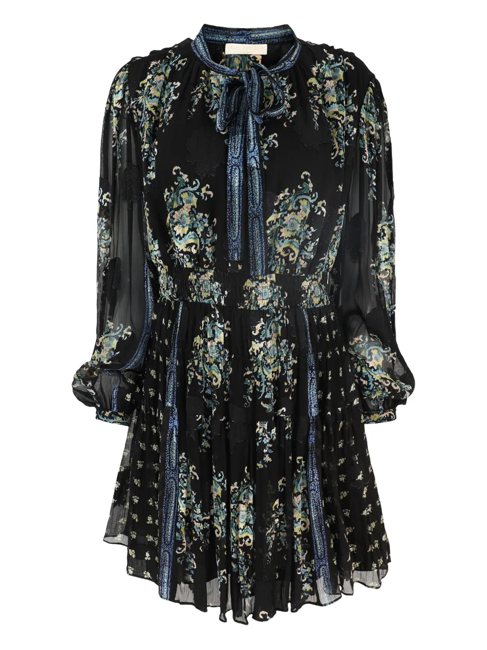 necktie long-sleeve paisley printed mini dress