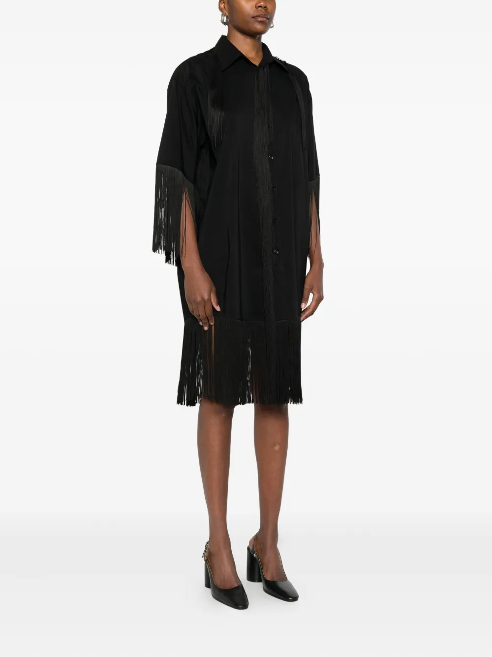 Mm6 Maison Margiela Fringe-trimmed Shirt Midi Dress In Black