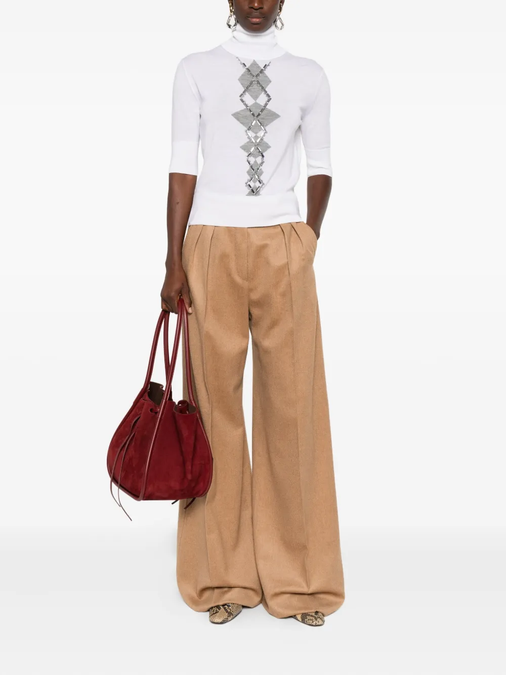 Ermanno Scervino bead-embellished diamond-pattern T-shirt Beige