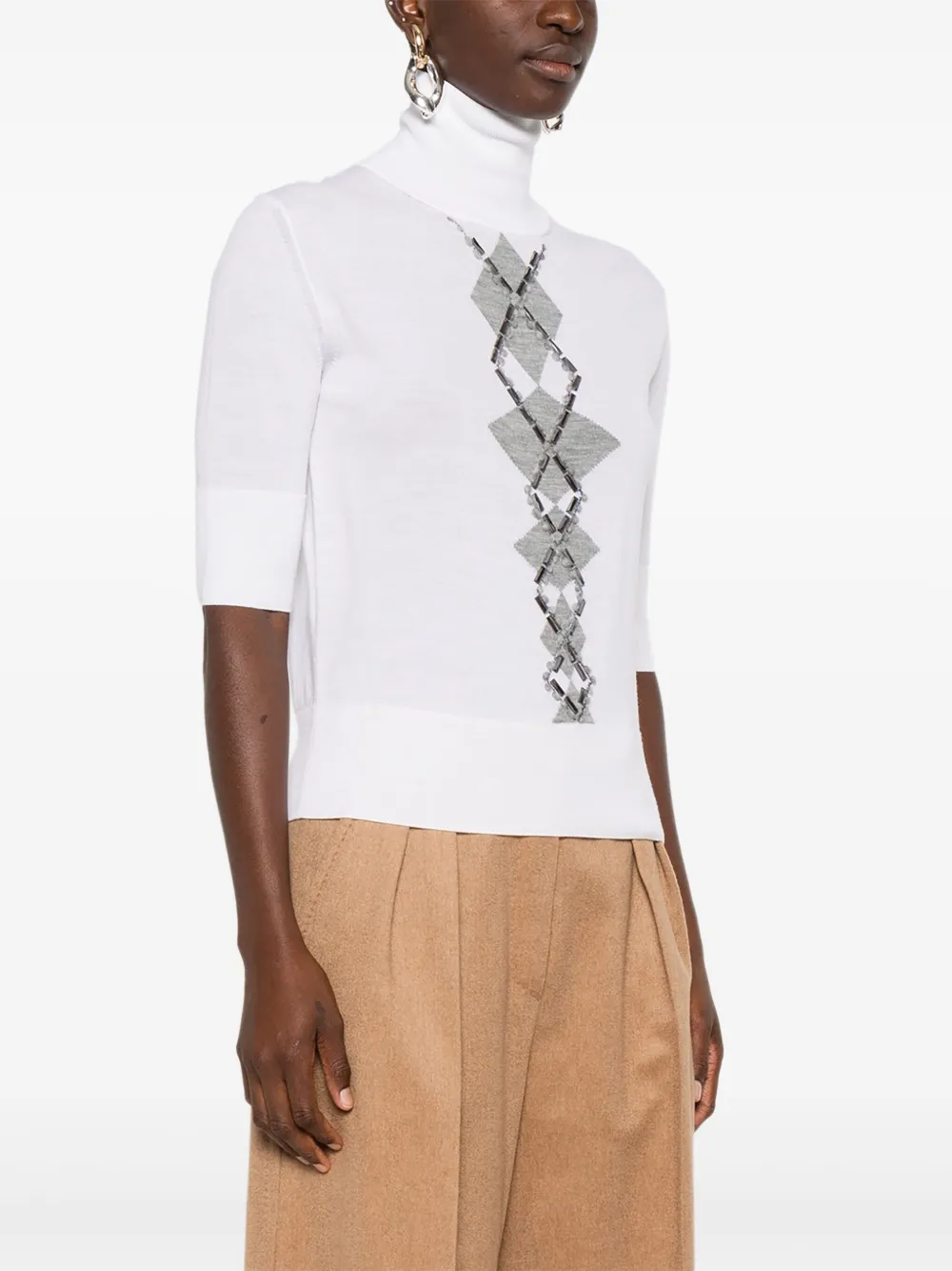 Ermanno Scervino bead-embellished diamond-pattern T-shirt Beige