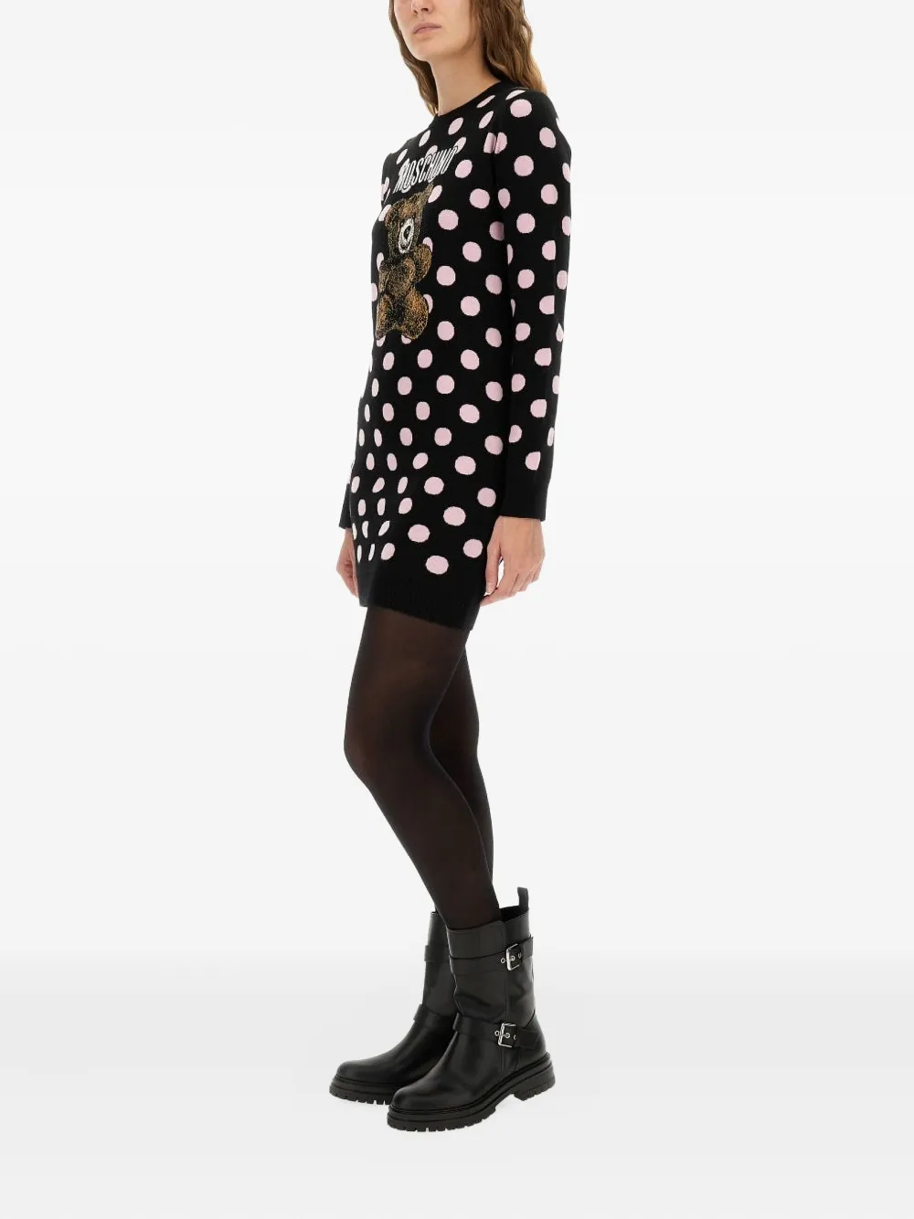 Moschino polka-dot pattern teddy-embellishment mini dress - Zwart