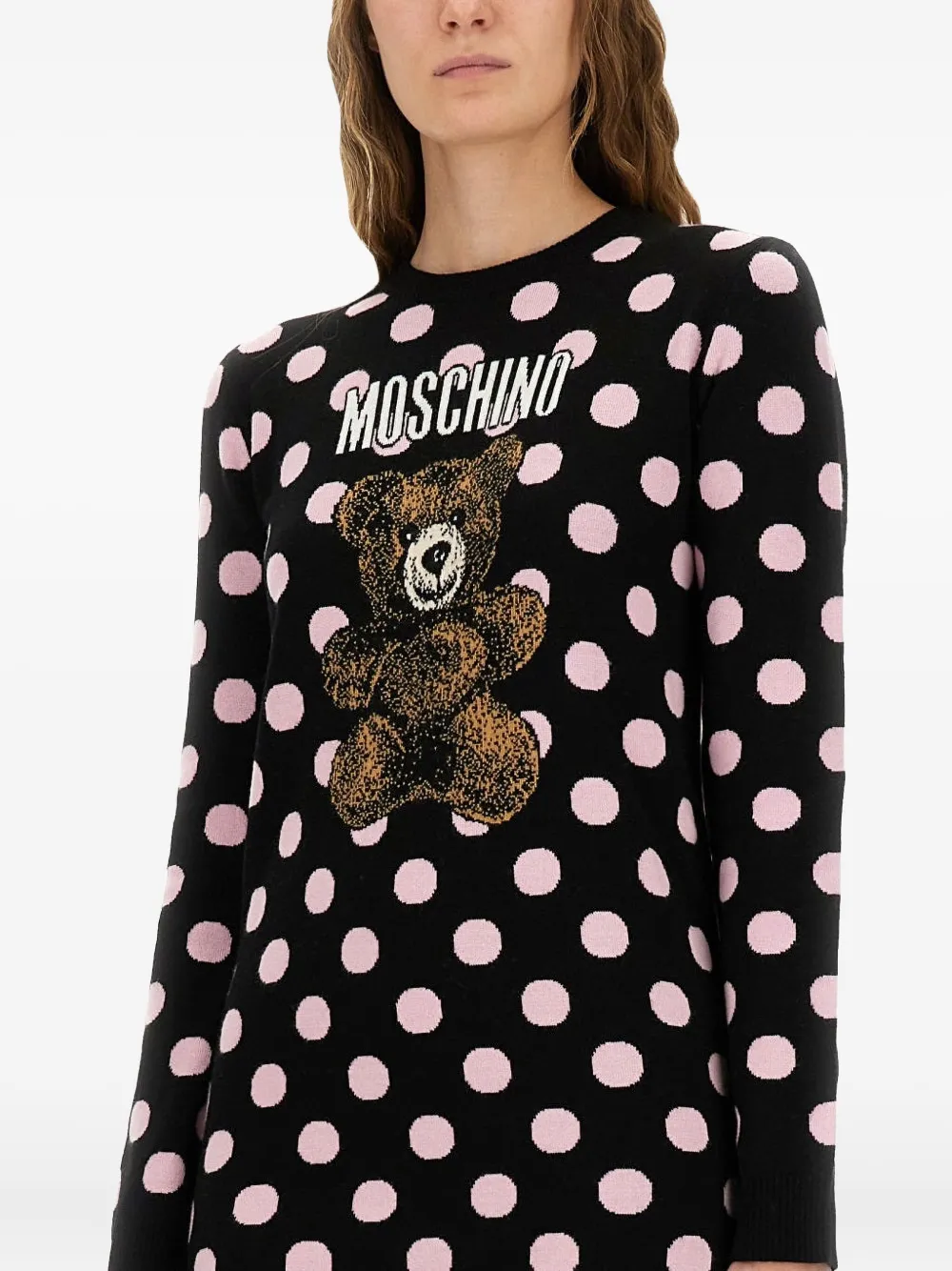 Moschino Polka-dot Pattern Teddy-embellishment Mini Dress In Black