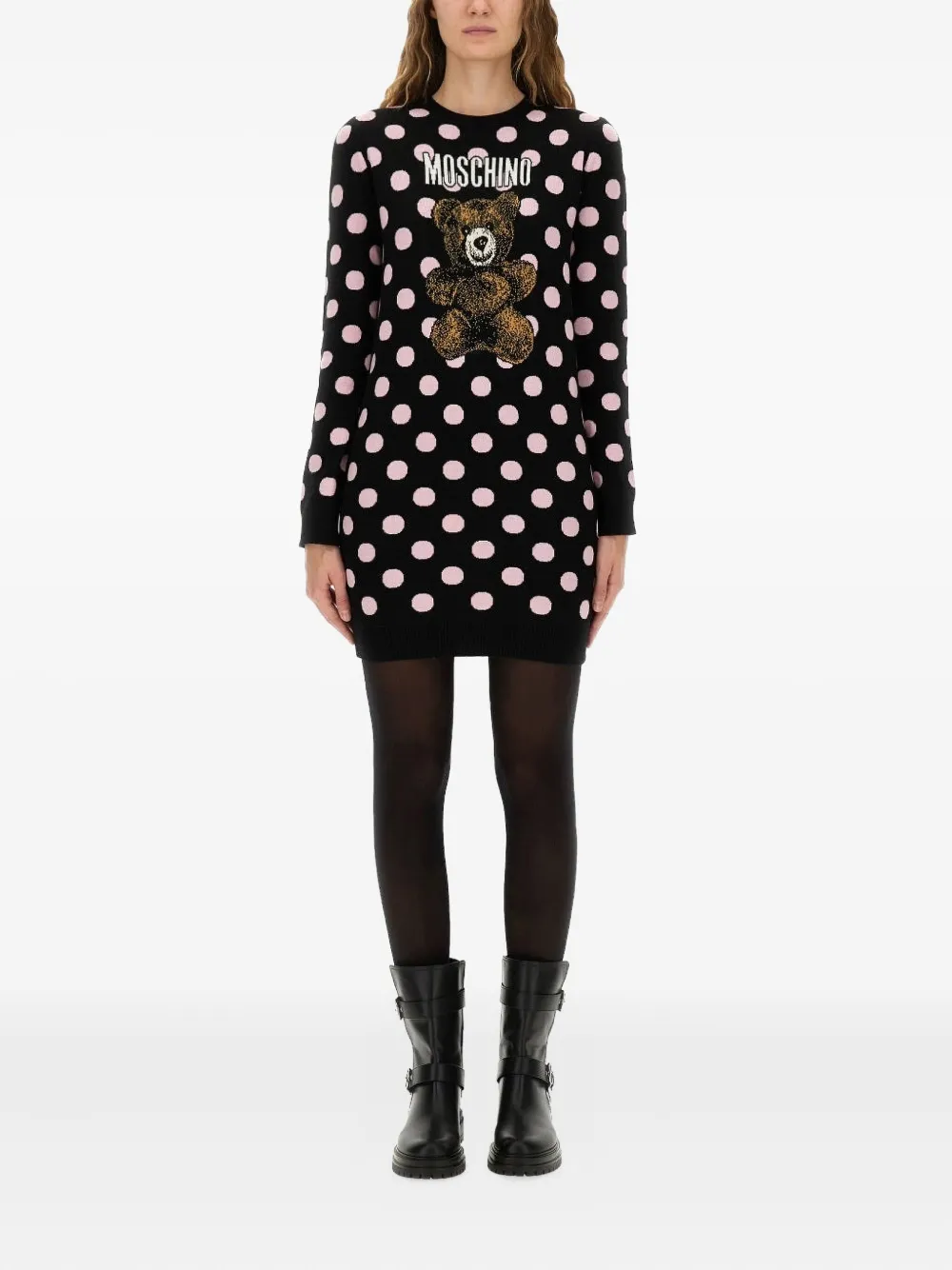 Moschino Polka-dot Pattern Teddy-embellishment Mini Dress In Black