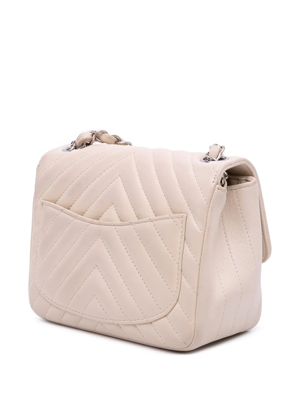 Pre-owned Chanel 2020 Mini Square Classic Chevron Lambskin Single Flap Crossbody Bag In White