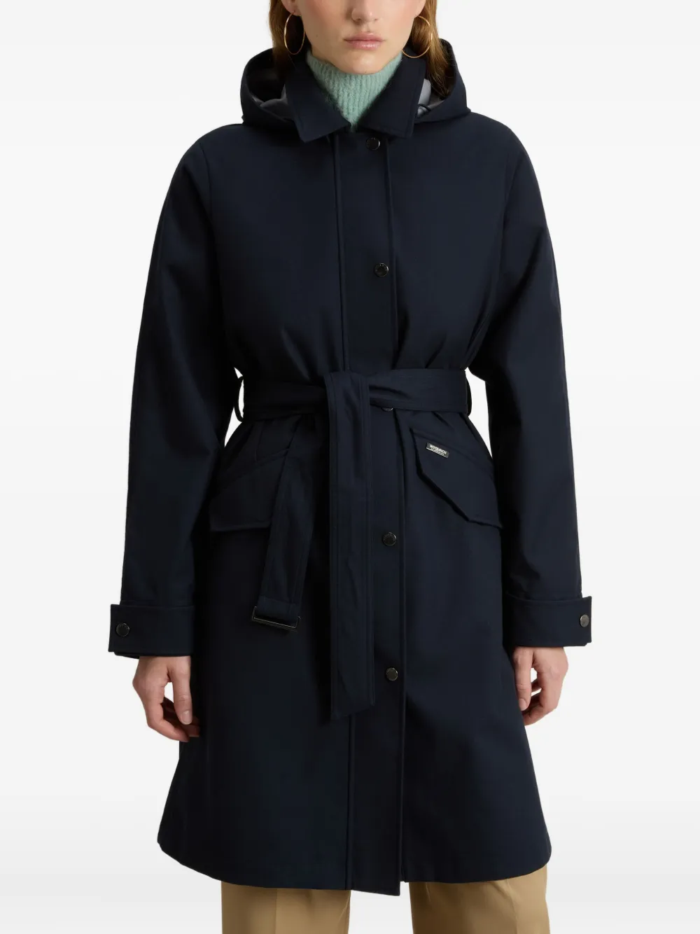 Woolrich Waterdichte trenchcoat met capuchon en ceintuur Blauw