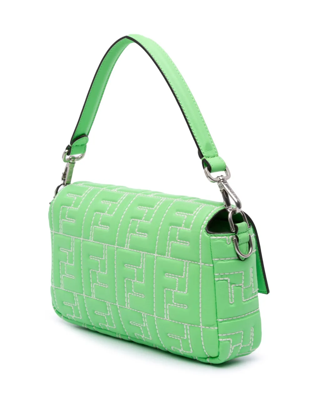 Pre-owned Fendi 2010-2025 Medium Leather Embossed Ff Baguette Satchel In Green