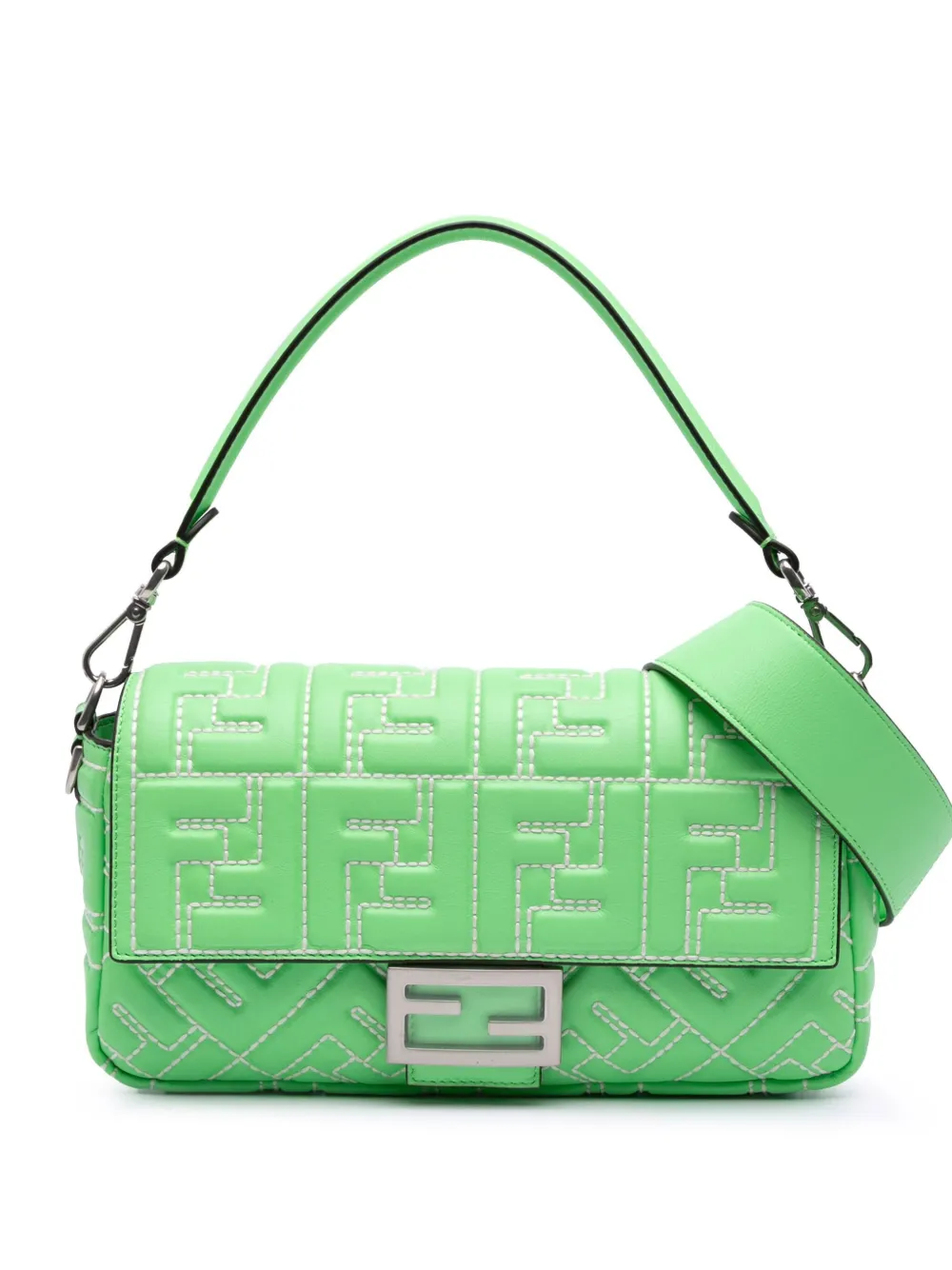 Fendi Pre-Owned 2010-2025 ミディアム レザー エンボス モノグラム バゲット サッチェルバッグ - グリーン Fendi Pre-Owned 2010-2025 ミディアム レザー エンボス モノグラム バゲット サッチェルバッグ - グリーン