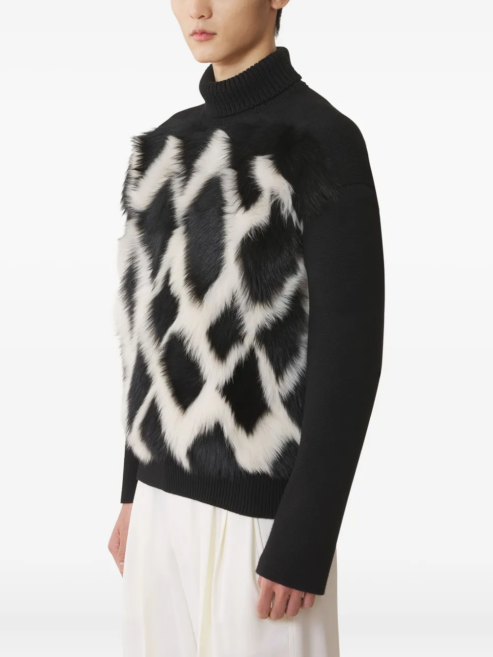 Lanvin Wool And Leather Intarsia Turtleneck Sweater In Black
