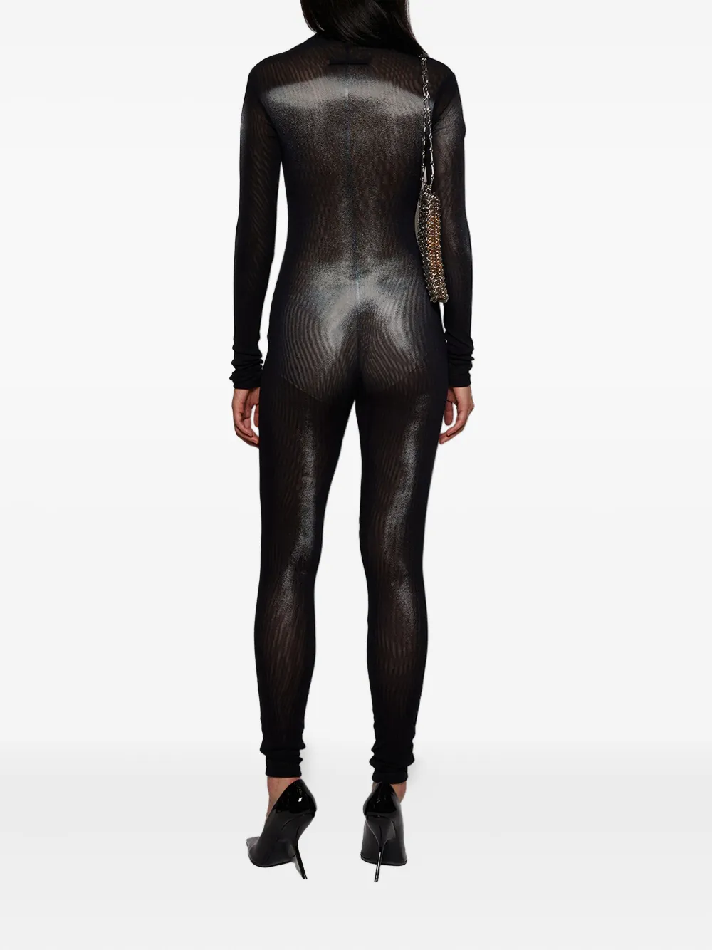 Jean Paul Gaultier Asymmetric Collar Body Dust Printed Catsuit In Black