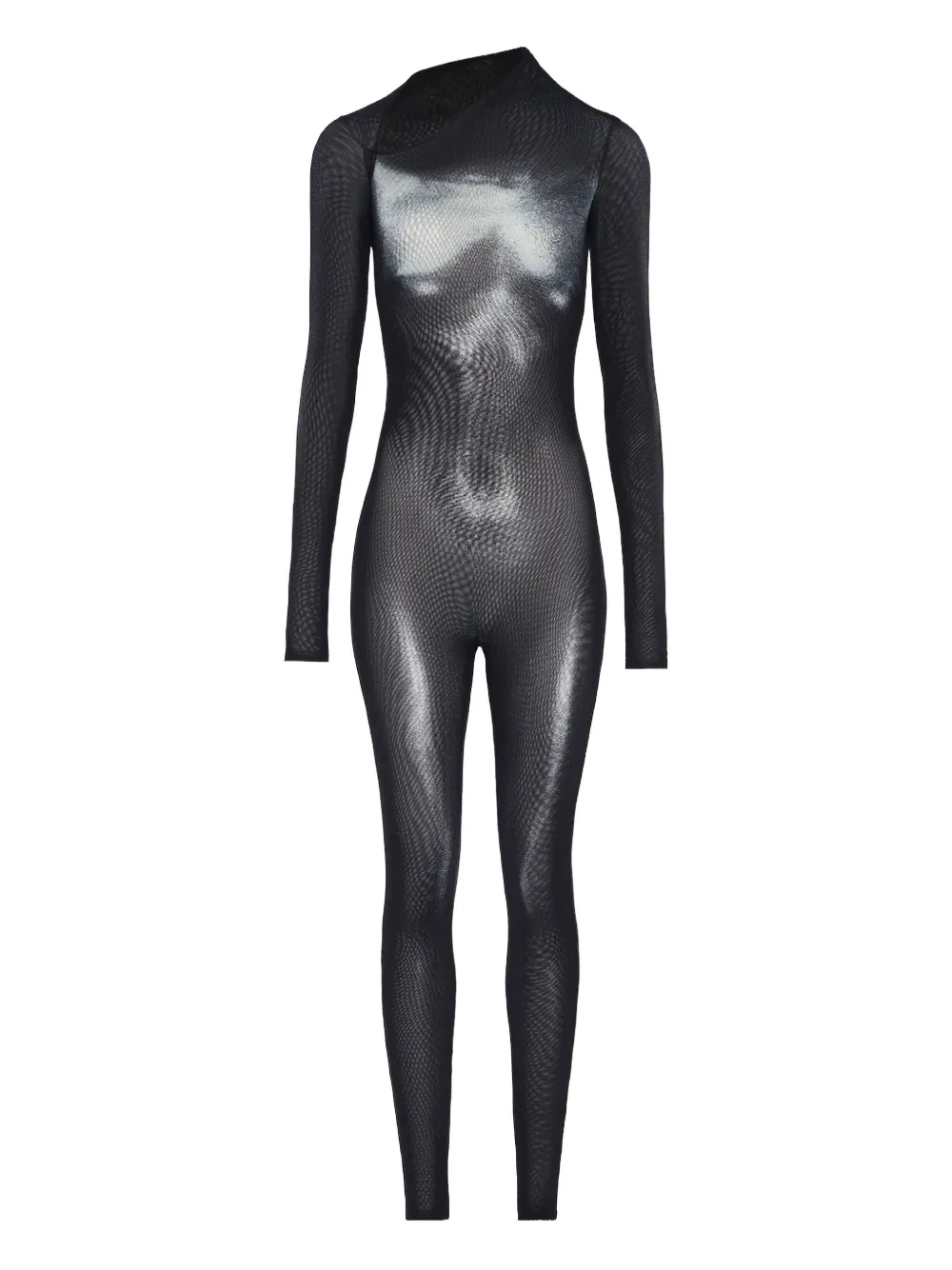 Jean Paul Gaultier Asymmetric Collar Body Dust Printed Catsuit In Black