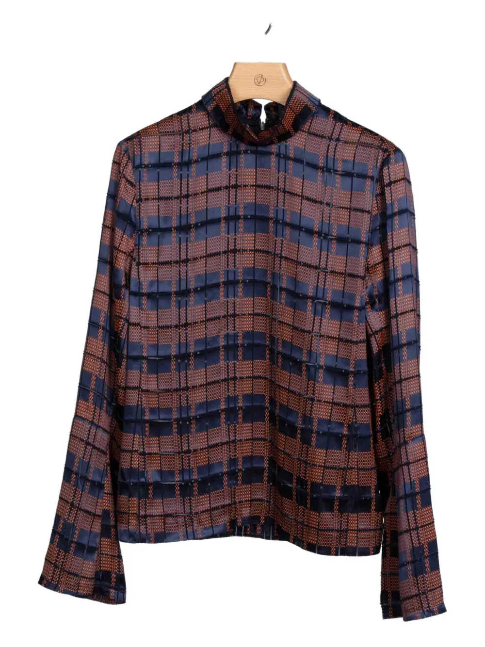 3.1 Phillip Lim Hester Plaid Devore Ls High Neck Top In Blue