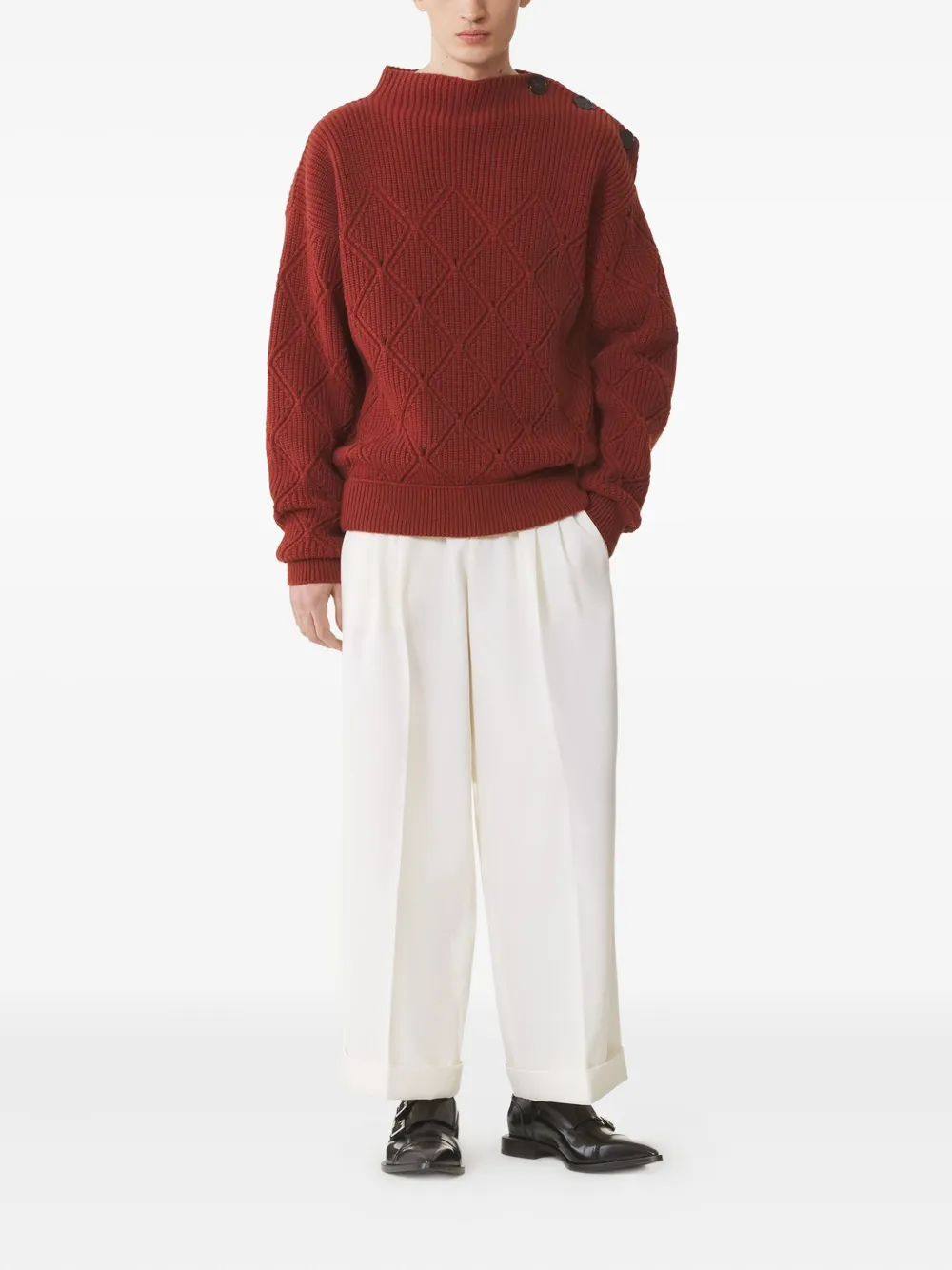 Lanvin Trui met diamantpatroon en knopen op de schouders - Rood