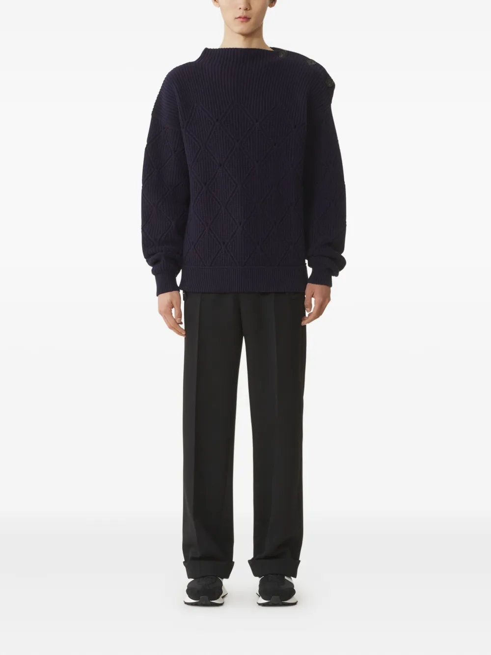 Lanvin Trui met knopen op de schouders en diamantpatroon - Blauw