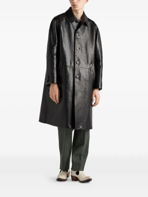 Prada button-fastening Leather Coat | Black | FARFETCH