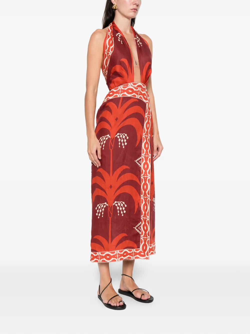 Johanna Ortiz Buen Viento midi-jurk met halternek en print Rood