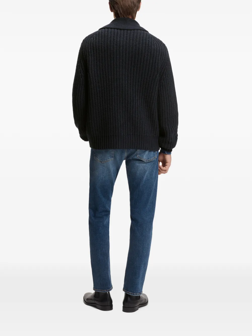  Boss Ribbed Shawl-collar Cardigan - Blue 