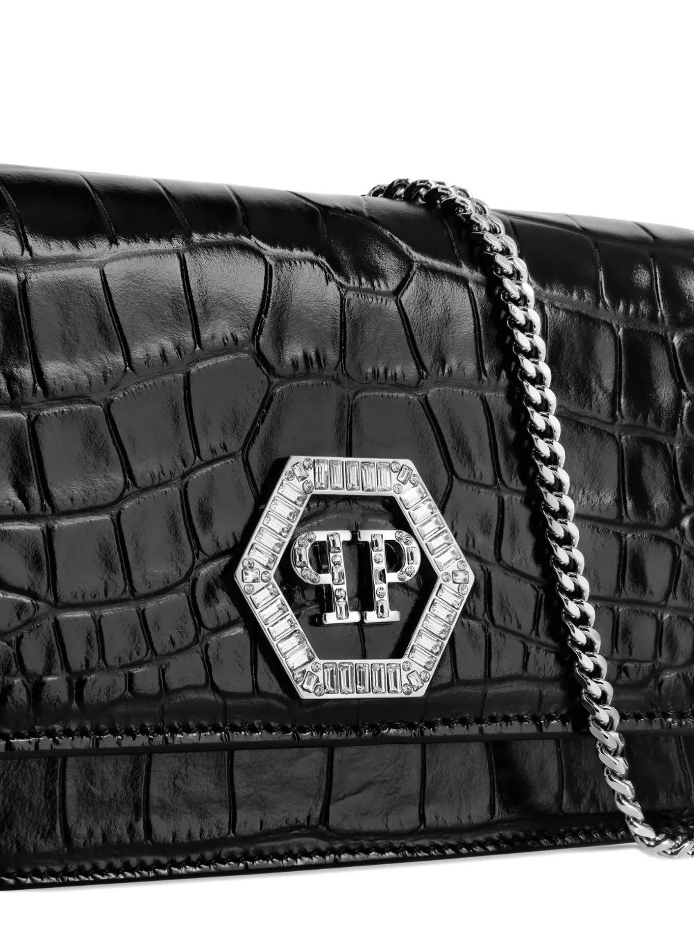 Philipp Plein Crystal-embellished Crocodile-effect Clutch In Black