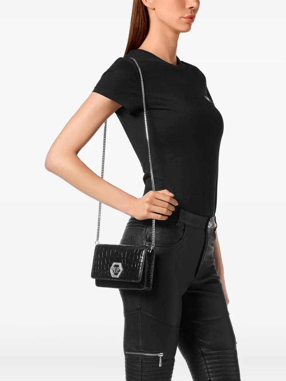 Philipp Plein Crystal-embellished Crocodile-effect Clutch In Black
