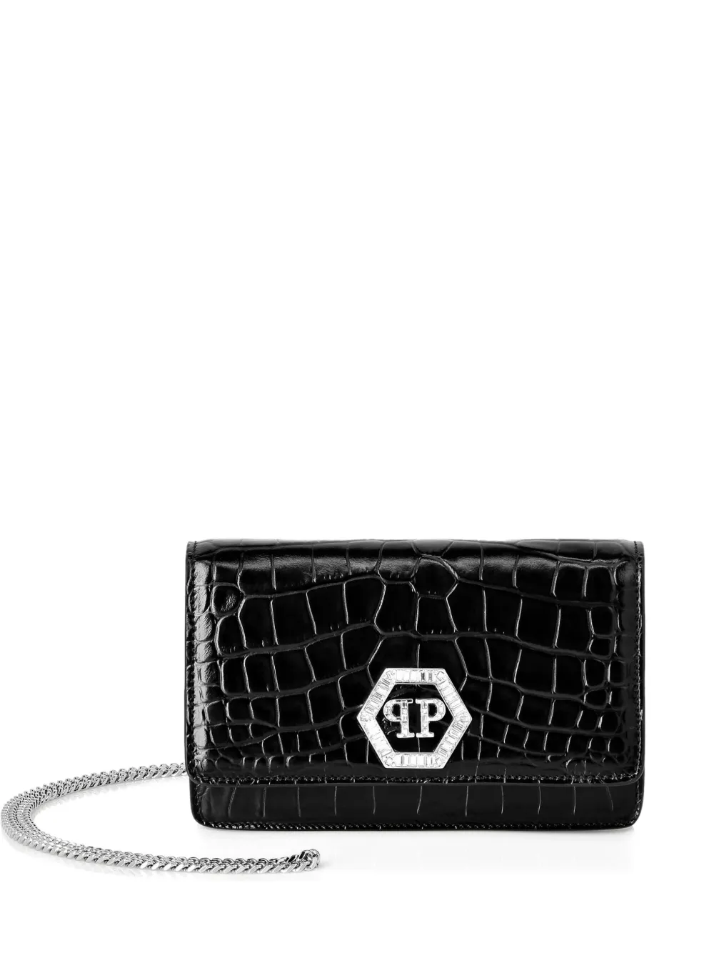 Philipp Plein Crystal-embellished Crocodile-effect Clutch In Black