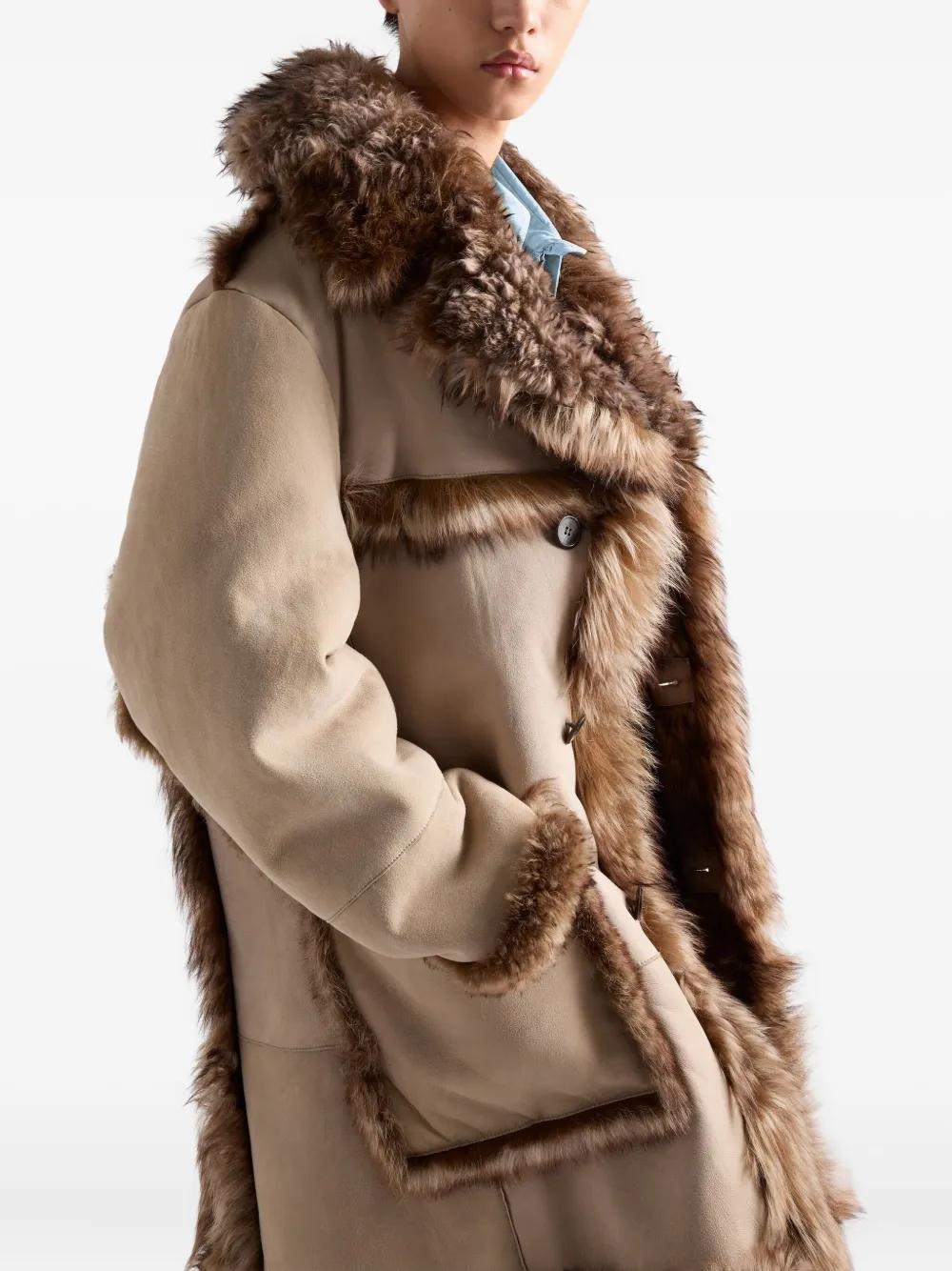 Prada fur-trimmed patch-pocket coat Beige