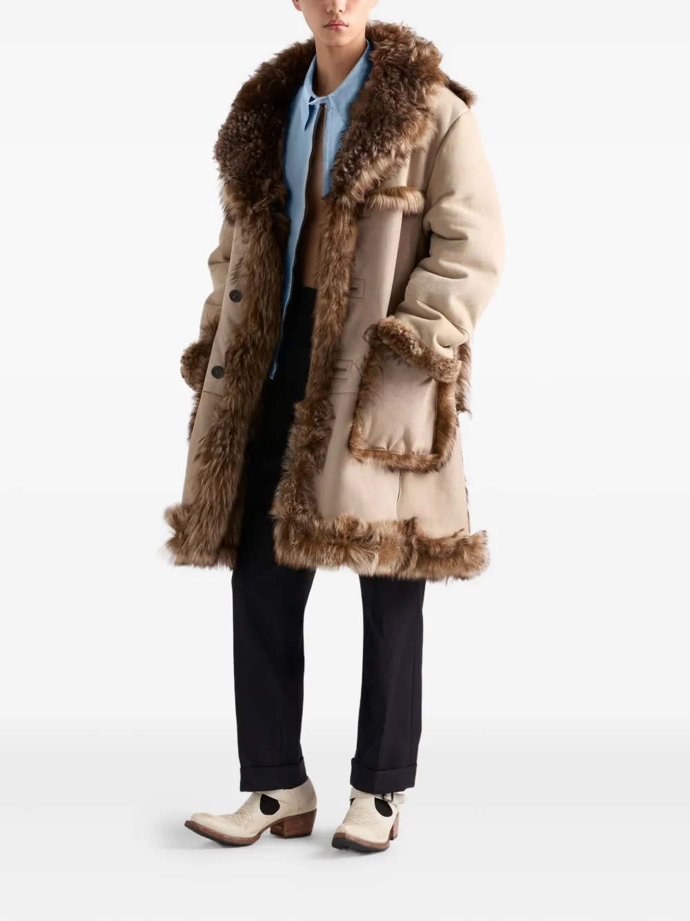 Prada fur-trimmed patch-pocket coat - Beige