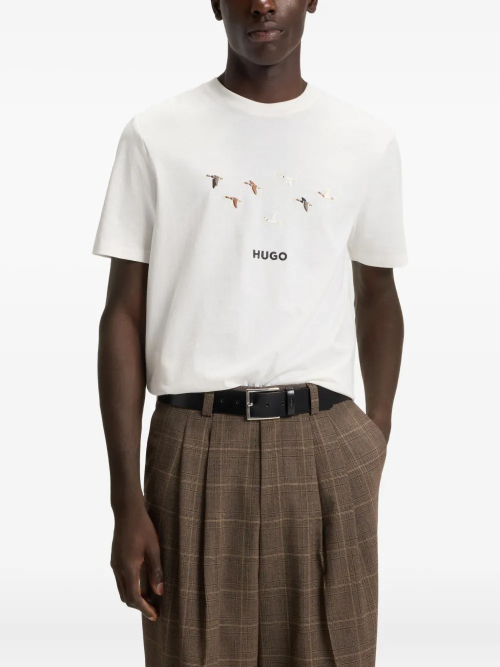 HUGO Katoenen T-shirt met geborduurde vogel Wit