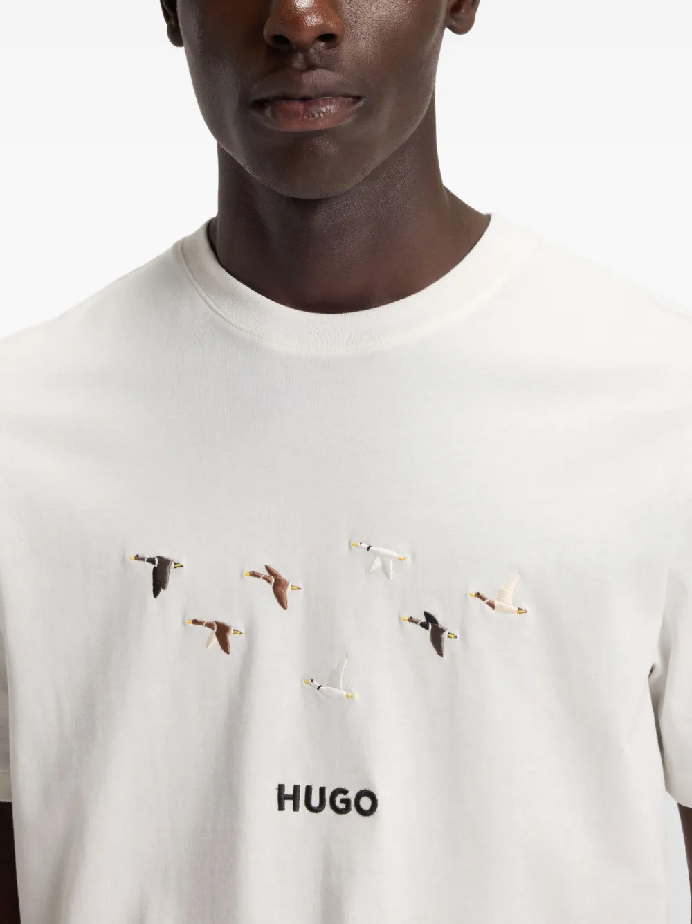 HUGO Katoenen T-shirt met geborduurde vogel Wit