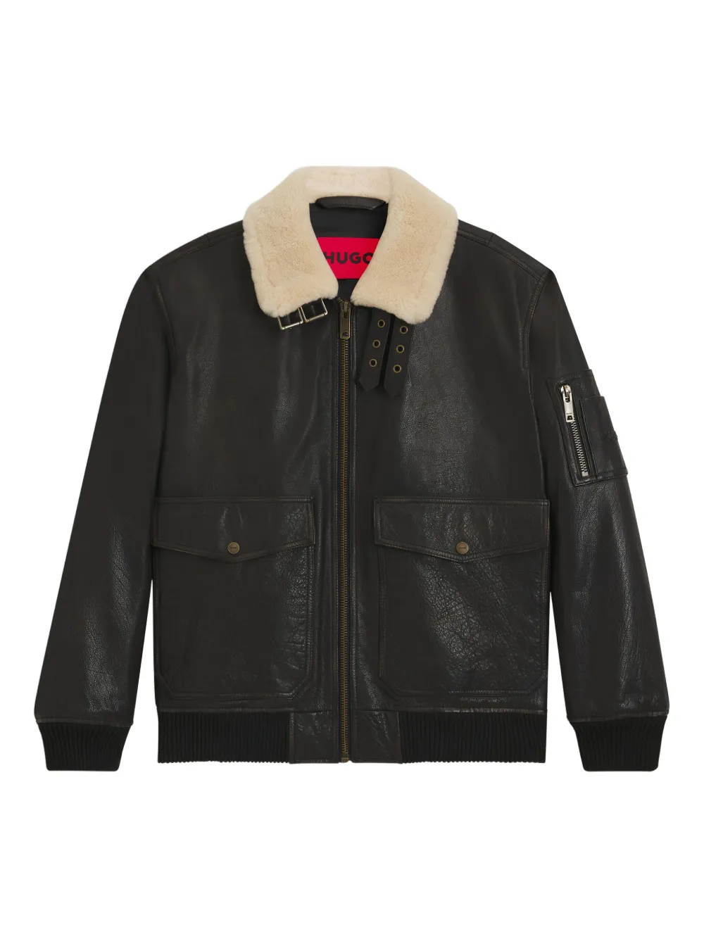 HUGO Giacca in pelle con collo in shearling - Nero