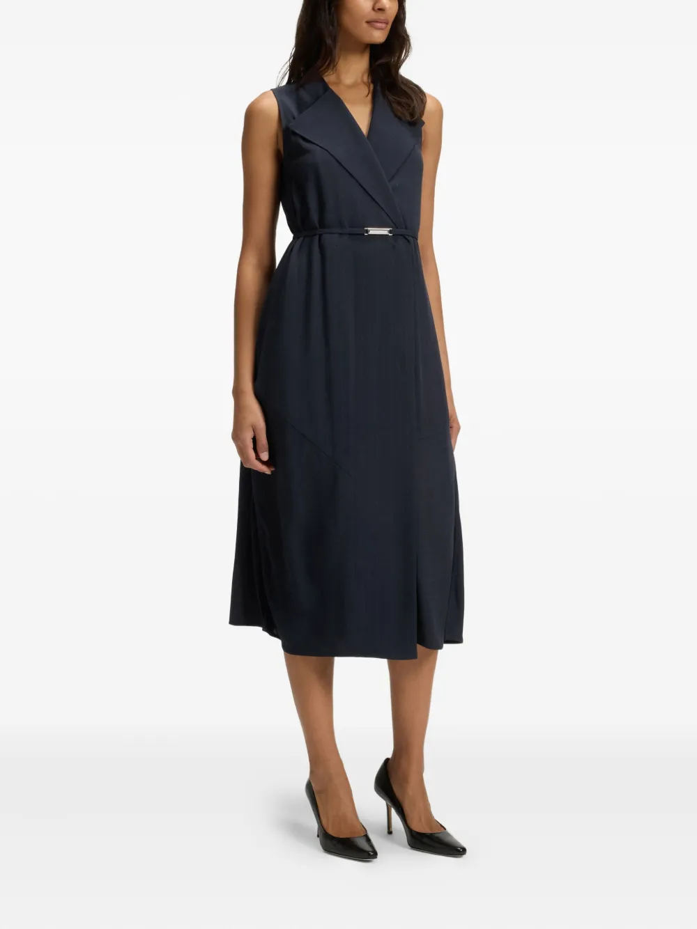 Hugo Boss Pinstripe Belted Midi Dress In Blue