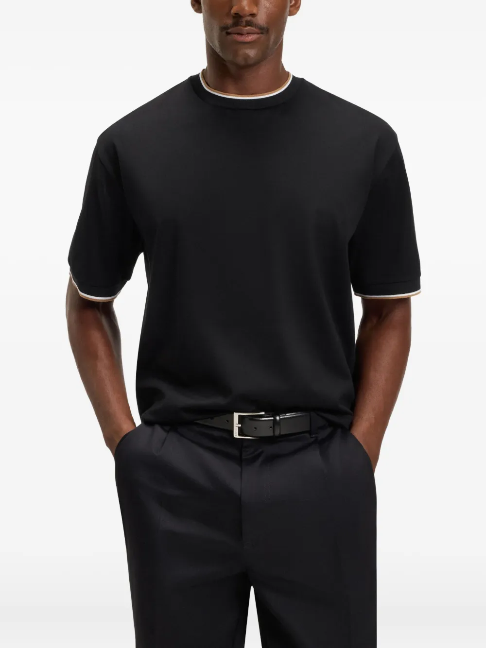 BOSS T-shirt met geribbelde afwerking Zwart