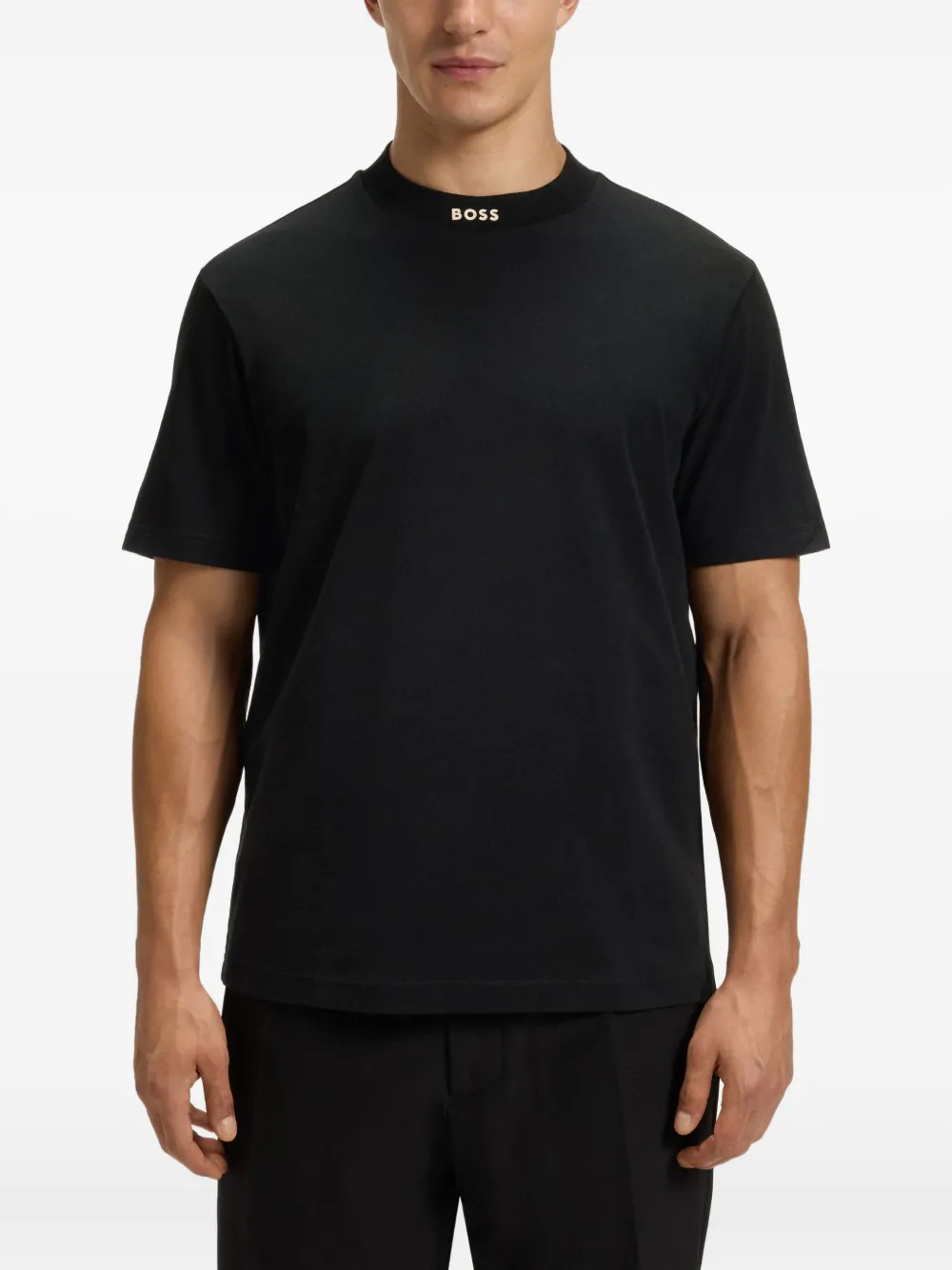 BOSS Katoenen T-shirt met hoge hals Zwart
