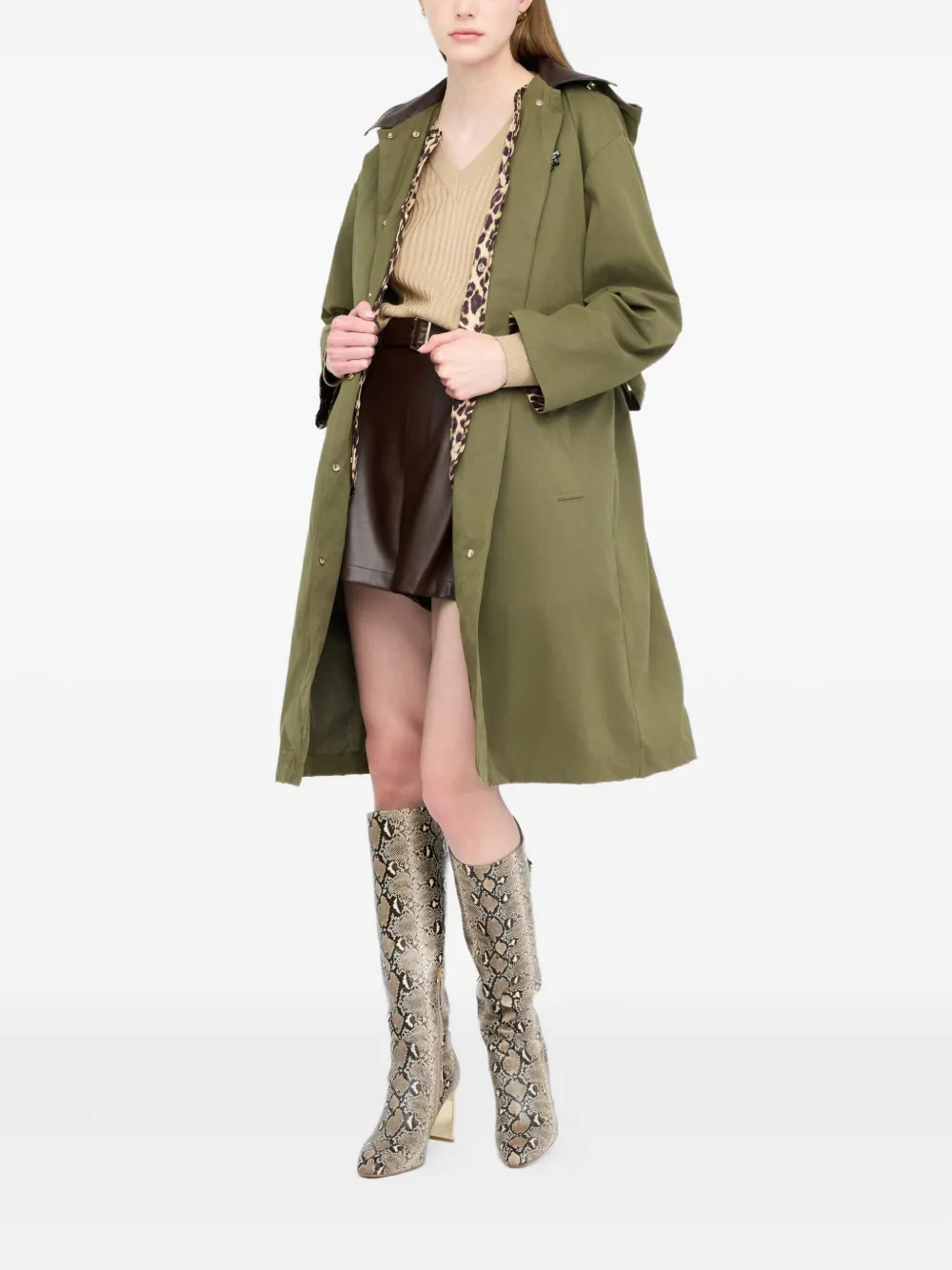 Liu •jo Hooded Contrasting-collar Coat In Green