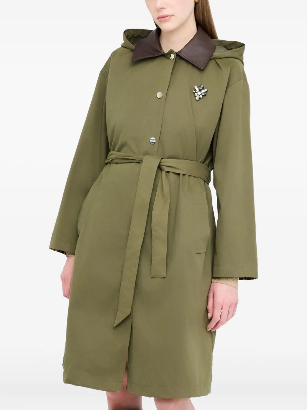 Liu •jo Hooded Contrasting-collar Coat In Green