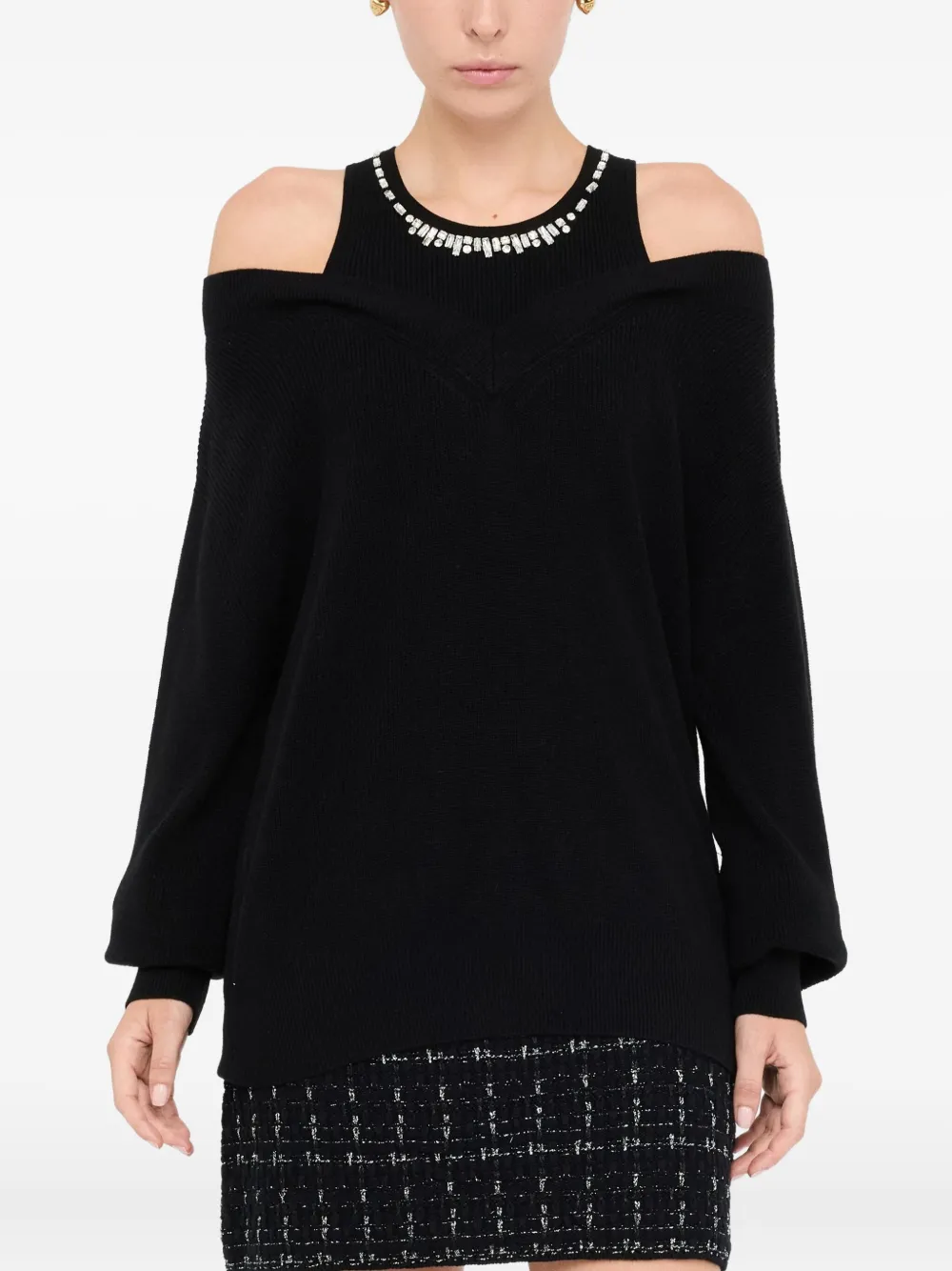 LIU JO cold-shoulder embellished-neck sweater Zwart