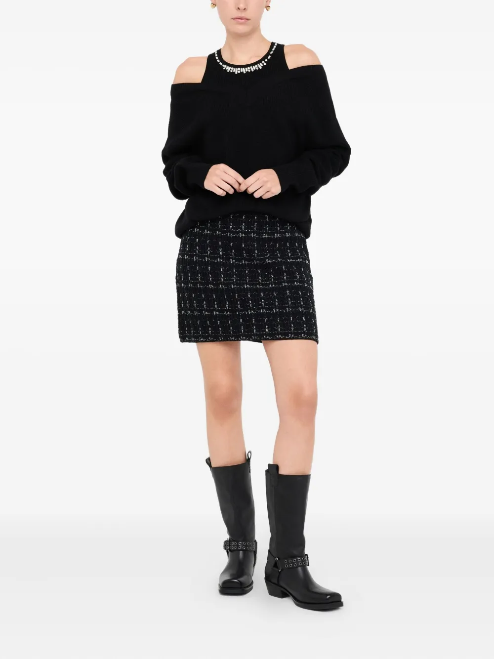 LIU JO cold-shoulder embellished-neck sweater Zwart