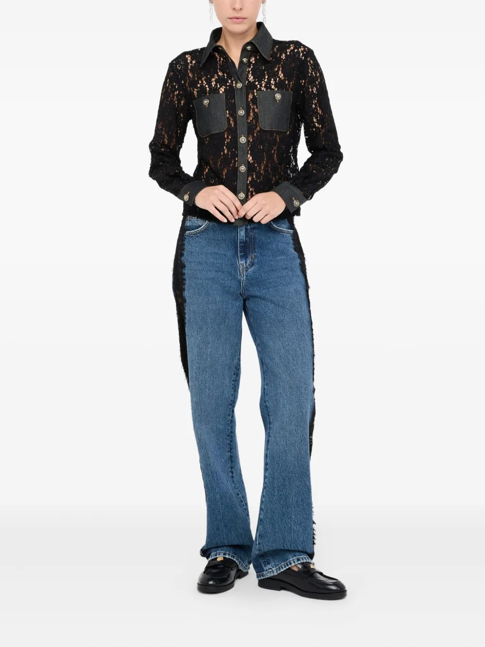 LIU JO lace denim-panelled shirt - Zwart