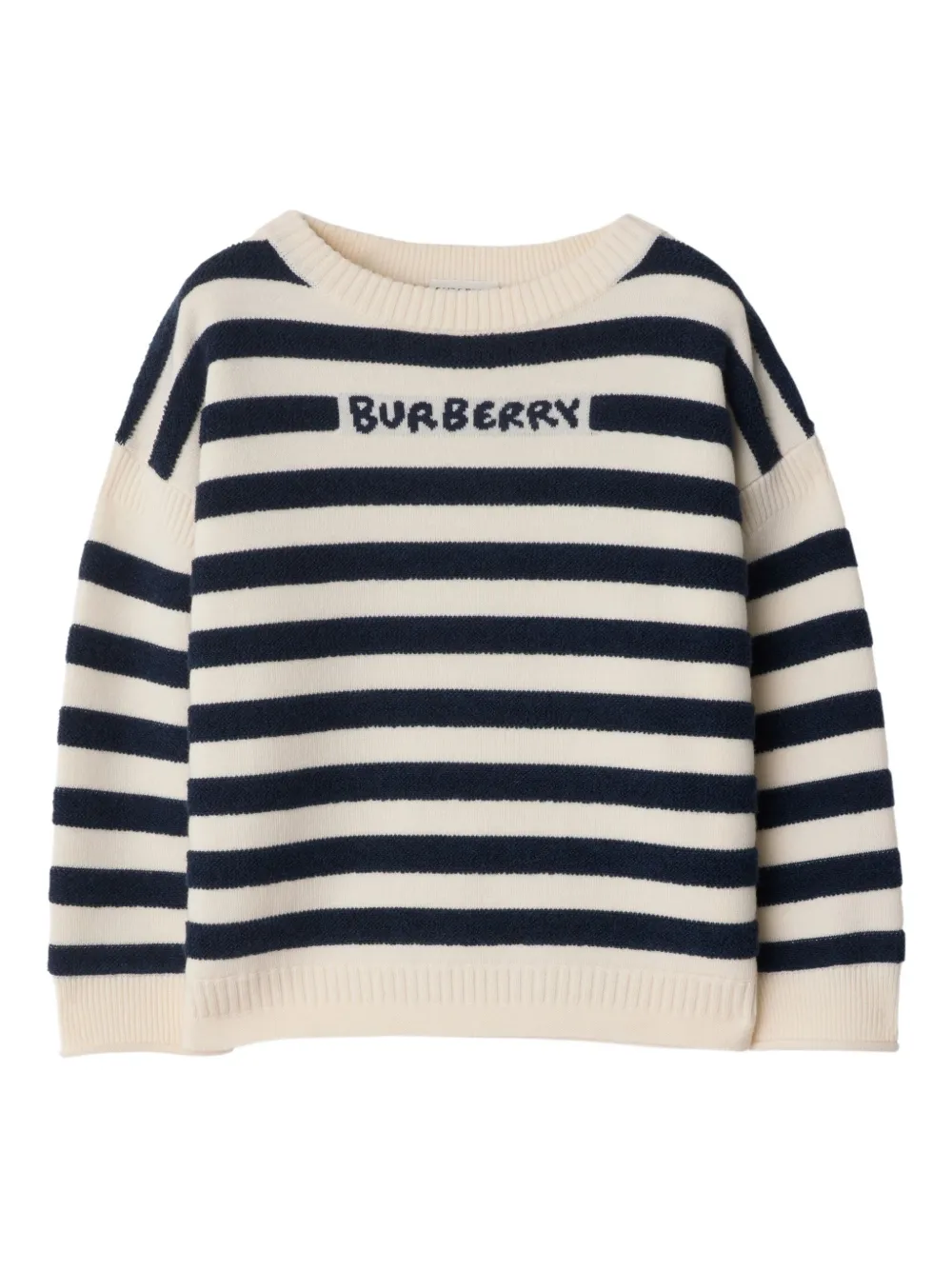 Burberry Kids Gestreepte wollen trui met logodetail Beige
