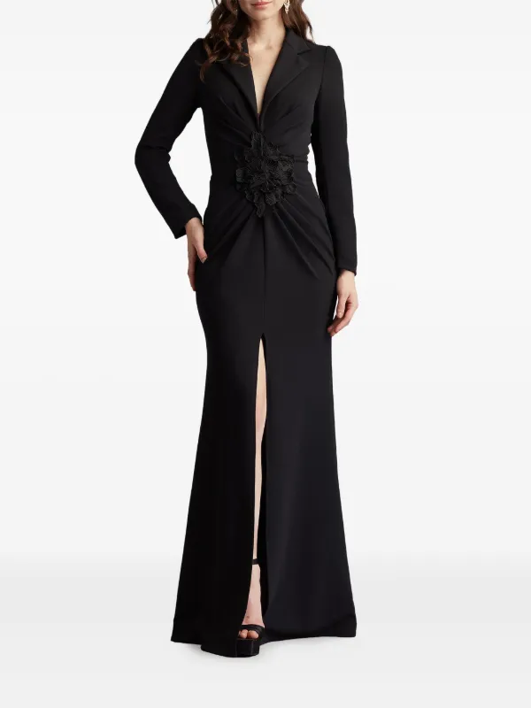 Tadashi Shoji flower-embellished V-neck Gown | Black | FARFETCH
