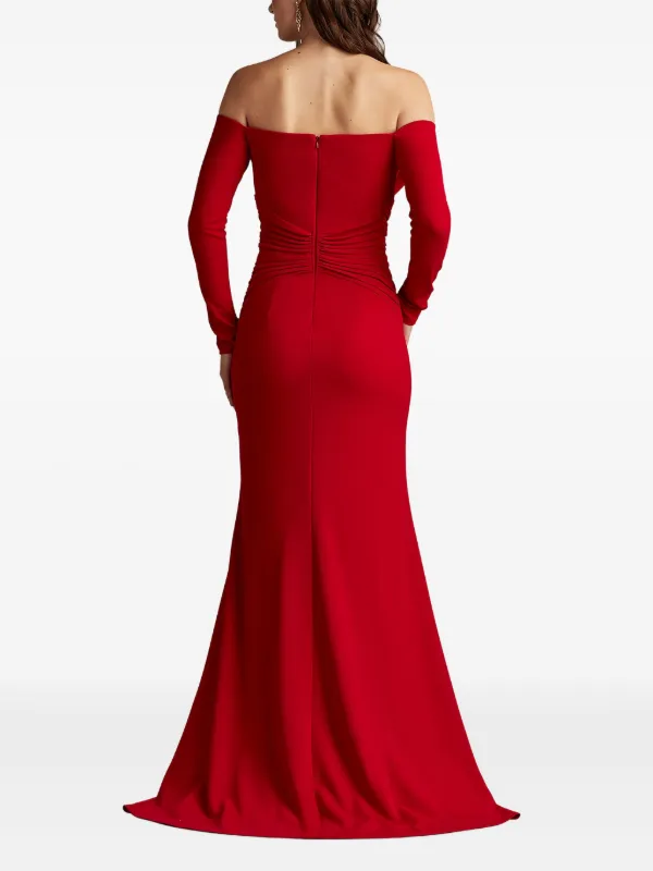 Tadashi Shoji off-shoulder V-neck Pleated Gown Red FARFETCH