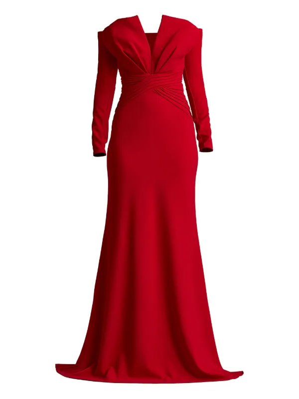 Tadashi Shoji off-shoulder V-neck Pleated Gown Red FARFETCH