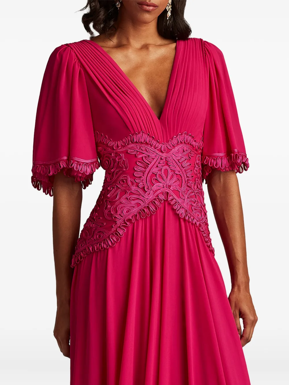 Tadashi Shoji Scroll Lace Detail Flutter Sleeve Chiffon Gown In Pink